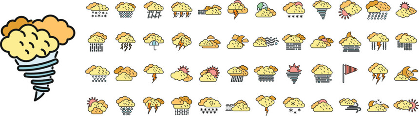 Cloudy weather icons set outline vector. Climate air. Snow rain thin line color flat isolated