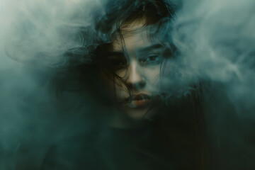 Fototapeta premium Close up face of a women in a mood, concept of mental health issues. Cinematic portreit of young women ai generated