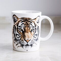 An elegant tiger-themed coffee mug displayed on a clean white countertop