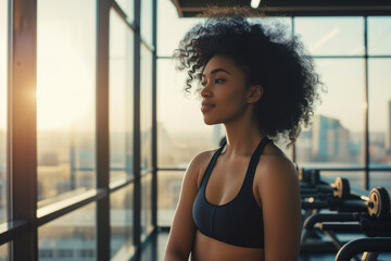Portrait of a nice black girl in the gym - obrazy, fototapety, plakaty