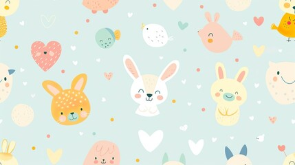 A sweet cartoon pastel background with adorable animals and hearts