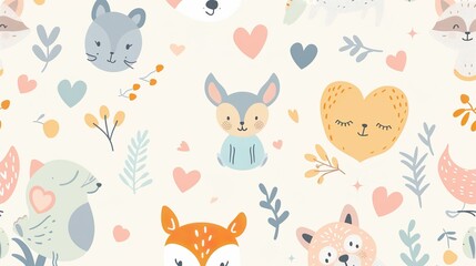 A sweet cartoon pastel background with adorable animals and hearts