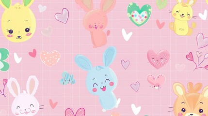 A sweet cartoon pastel background with adorable animals and hearts