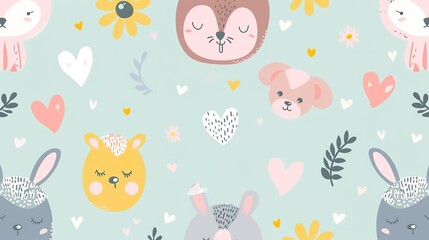 A sweet cartoon pastel background with adorable animals and hearts