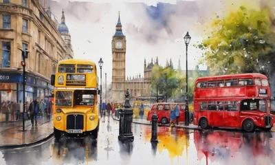 Foto op Canvas A watercolor illustration showing London's bustling streets with vintage double-decker buses and the iconic Big Ben. AI generation © Anastasiia