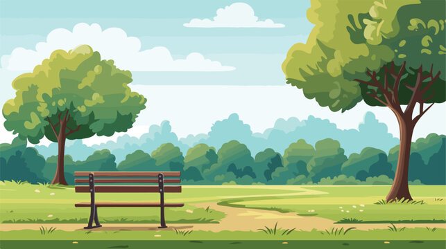 Park bench on trees and green grass background vector