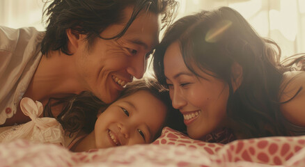 a happy family, a mother and father with their daughter laying on the bed smiling at the camera