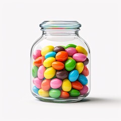 A transparent glass jar filled with colorful candies, placed on a white surface