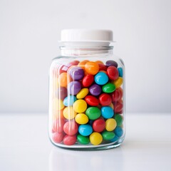 A transparent glass jar filled with colorful candies on a white table