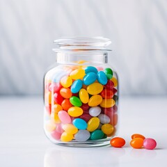 Transparent glass jar filled with colorful candies on a white table