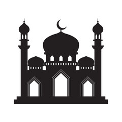 Vector islamic mosque black silhouette. Ramadan muslim icon isolated on white. Arabian mosque building shape with minarets. Eid Al-Fitr illustration