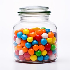 Transparent glass jar filled with colorful candies against a white background