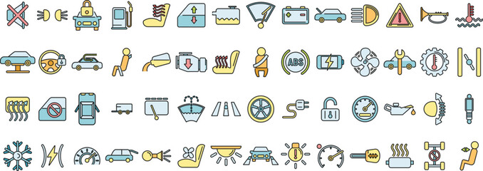 Car dashboard icons set outline vector. Car automobile. Auto transport thin line color flat isolated