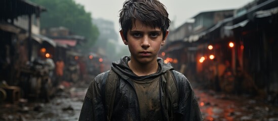 Fototapeta na wymiar The young boy stood in the center of the dark, dirty street, surrounded by towering trees. His jaw clenched as he prepared to embark on a fictional characters journey, inspired by a movie event