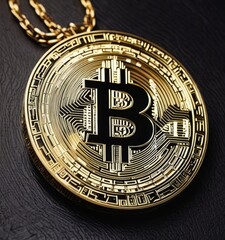Fototapeta na wymiar Luxurious golden bitcoin pendant lying on a sleek black surface, reflecting opulence and the modern embrace of cryptocurrency. AI generation