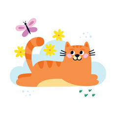 Funny red cat is lying on the lawn and look at the butterfly among plants and flowers. Happy cat character. Summer vacation time. Vector Hand drawn cartoon flat illustration.