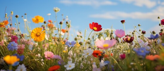 Obraz na płótnie Canvas A vibrant meadow of colorful wildflowers blooms against a clear blue sky, creating a picturesque natural landscape. Petals, grassland, and clouds add to the beauty of the flowering plants