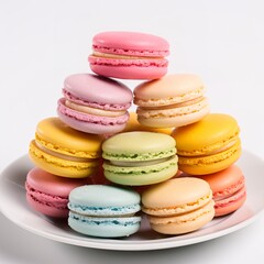 Fototapeta na wymiar A stack of colorful macarons arranged neatly on a white plat