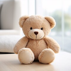 A small plush teddy bear sitting on a white cushion