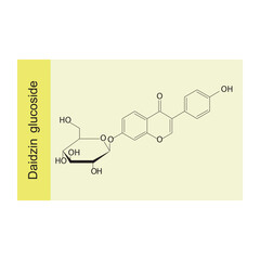 Daidzein glucoside skeletal structure diagram.Isoflavanone compound molecule scientific illustration on yellow background.