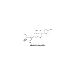 Genistein glucoside skeletal structure diagram.Isoflavanone compound molecule scientific illustration on white background.