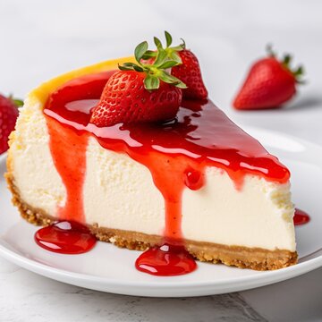 A slice of classic New York cheesecake with strawberry topping on a pristine white countertop