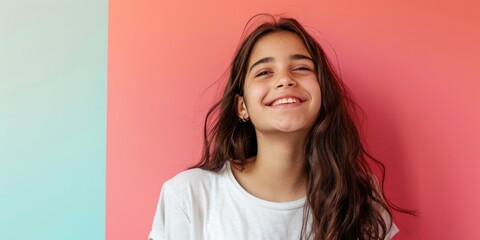 South American Girl Smiling Vibrantly - obrazy, fototapety, plakaty