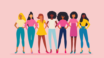 Fototapeta premium Confident Diverse Women in Bright Clothing Standing Together on Pink Background