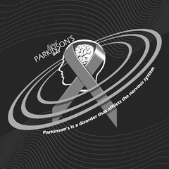 National Parkinson's Day event banner. Gray ribbon with illustration of head with brain to commemorate on April 11th