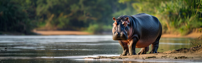 Hippo standing beside river.Panorama view. Generative AI - obrazy, fototapety, plakaty