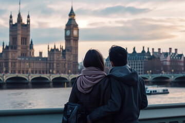 Fototapeta na wymiar Couple's Embrace Overlooking London Skyline