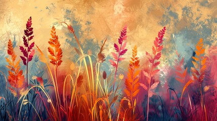Art with plants, flowers, the golden grain, freehand. Oil on canvas. Brush the paint. Modern art that includes plants, flowers, wallpaper, posters, cards, murals, carpet, hangings, prints, etc.