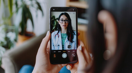 A closeup of an adult woman's hand holding her smartphone, with the screen showing a video call between two women in white coats and glasses on their faces - obrazy, fototapety, plakaty