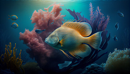 Fototapeta na wymiar Abstract sea life fish aquarium. Portrait of swimming fish, close-up. Underwater world, tropical sea life. Generative AI