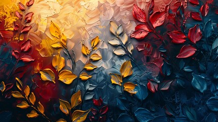 Painting with flowers and plants, abstract, metal elements, texture background, and metal elements.