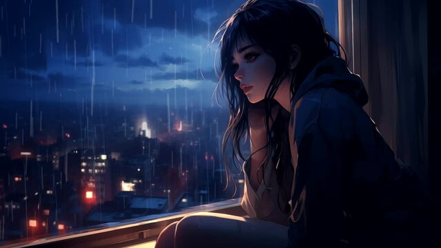 Lofi anime girl sitting by the window with a sad expression, during rainy night. seamless looping 4k time-lapse animation video background