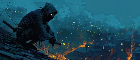 Ninja Warrior Overlooking a Dystopian Cityscape - obrazy, fototapety, plakaty