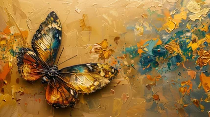 Foto auf Alu-Dibond In prints, there are abstract art prints. Golden grain. Oil on canvas. Brush the paint. Butterflies, modern art. Prints, wallpaper, posters, cards, murals, carpets, hangings, hanging prints. © Zaleman