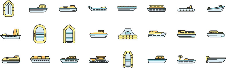 Rescue boat icons set outline vector. Sea aid. Accident rescue thin line color flat isolated - 766899406