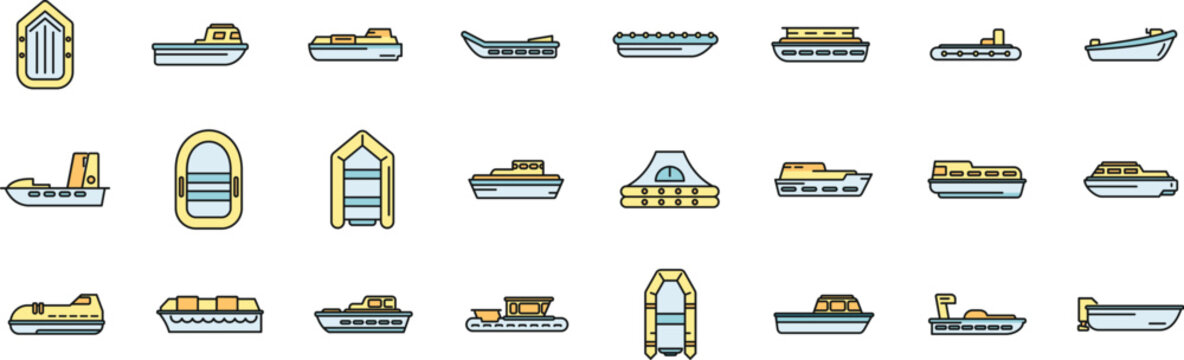 Rescue boat icons set outline vector. Sea aid. Accident rescue thin line color flat isolated