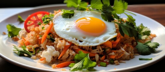 A dish of fried rice topped with a fried egg, a classic staple food featuring a combination of ingredients like egg yolk, egg white, and rice in this delicious cuisine recipe