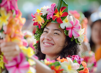 Beautiful And Happy Hula Dancer Wear Flower Crown Oh Head, Hawaii Lei Day Celebration, Flower Wreath Made Of Orchid, Frangipani and Plumeria