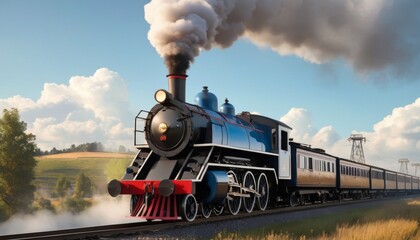 Historical steam locomotive in motion, its blue and black facade contrasting beautifully with the soft rural scenery. AI generation - obrazy, fototapety, plakaty