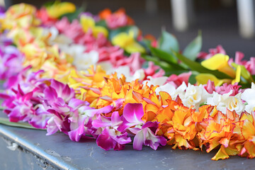 Many Flower Garlands Lay On Table, Flower Market In Hawaii, Tropic Paradise Concept Background - obrazy, fototapety, plakaty