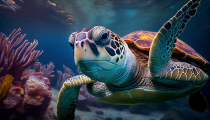 Sierkussen Portrait of big swimming in ocean turtle, close-up. Underwater world, tropical sea life. Generative AI © Anna