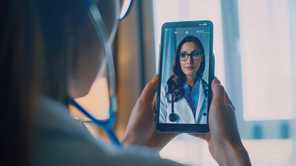 A closeup of an adult woman's hand holding her smartphone, with the screen showing a video call between two women in white coats and glasses on their faces