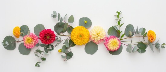 Round yellow and pink flowers incorporated into a floral arrangement with eucalyptus branches on a white backdrop. Presented as a flat lay with a top-down view and room for text.