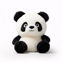 A fluffy panda plush toy with adorable panda face patterns on a clean white surface