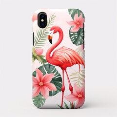 A flamingo-themed phone case with elegant flamingo motifs on a plain white surface