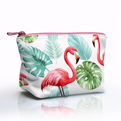 Flamingo-printed makeup bag with elegant flamingo patterns on a bright white backdrop